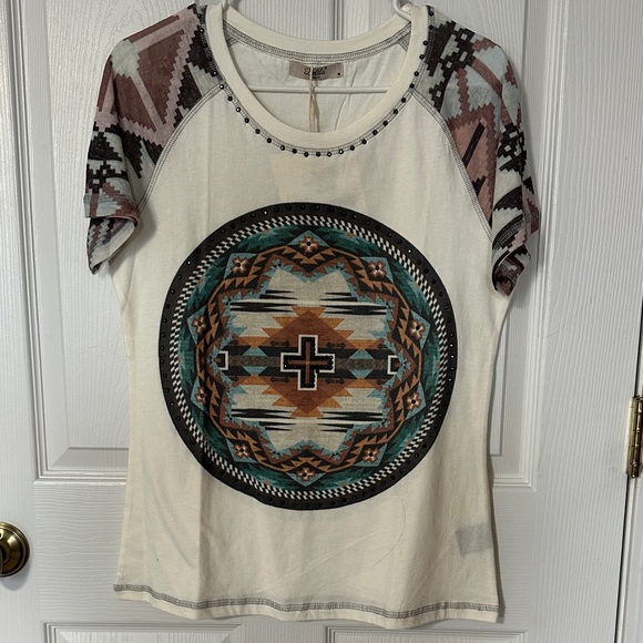 Delila Texas Tops - Delila Texas Multicolor Geometric Western Short Sleeve Tee